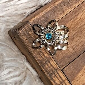 Silver Floral Ring with Blue Gem